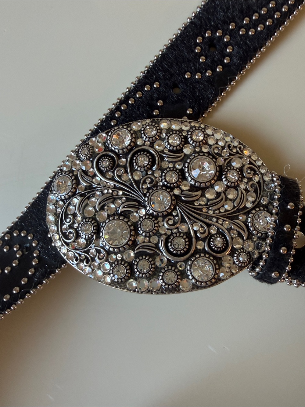 Nocona Western Black Leather Rhinestone Studded Belt M Ornate Crystal Buckle - Picture 3 of 8
